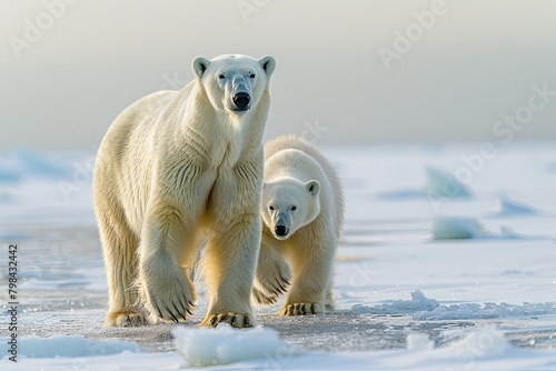 Polar Bear ,Ursus maritimus, family of polar bears navigating the icy Arctic landscape, Polar bear Ursus maritimus walking in the corner,portrait of large white bear on ice