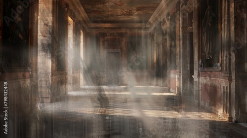 An abstract depiction of a Renaissance court with outoffocus portraits lining the walls and hazy tapestries dd across the room. .