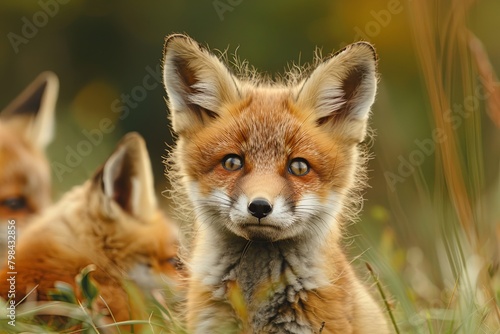 Red Fox - Vulpes vulpes  sitting up at attention  direct eye contact  a little snow in its face  tree bokeh in background Red Fox. The species has a long history of association with humans.The red fox