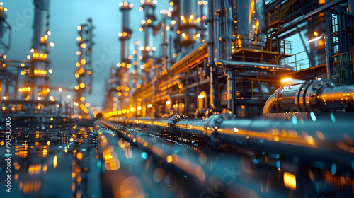 Captivating Nighttime Glimpse of a High-End Oil Refinery's Intricate Machinery and Illuminated Architecture