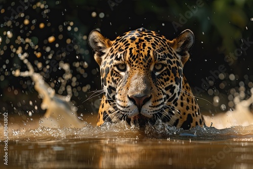 Camouflage male jaguar lurking in forest blue eyes. Jaguar, Panther, front view, isolated on white, shadow. A powerful jaguar emerging from the water after a successful hunt