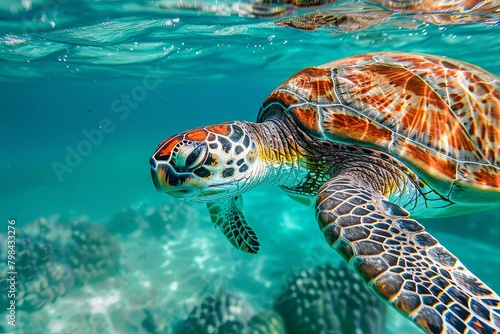 photo of Sea turtle in the island .sea turtle close up over coral reef in Hawaii ,curious sea turtle swimming gracefully through clear turquoise waters, its intricate shell adorned with barnacles  © Sittipol 