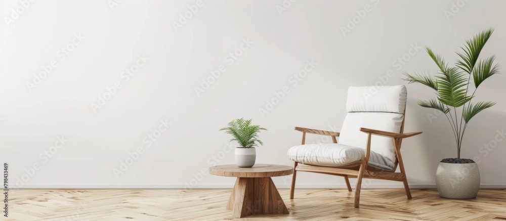 White modern chair and simple table placed in a bright room with a vibrant green leafy plant White modern chair and simple table placed in a bright room with a vibrant green leafy plant