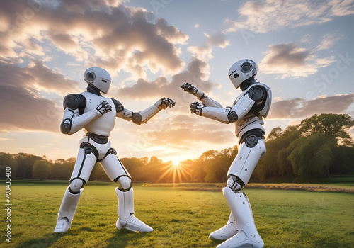Two humanoid robots perform martial arts in a serene landscape at sunset photo