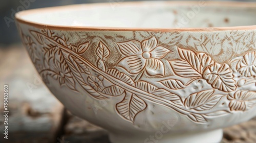 A handstamped pottery bowl with the makers signature adorned with intricate botanical designs..