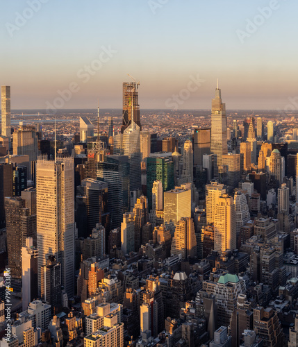Verical shot of elevated view of the skyline of modern skyscrapers of New York City