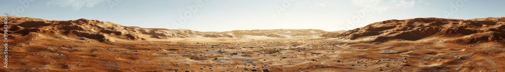 A panoramic view of a desert landscape with sandy terrain and rock formations under a clear sky, evoking a sense of adventure, Generative AI. A panoramic view of a desert landscape with sandy terrain and rock formations under a clear sky, evoking a sense of adventure, Generative AI.