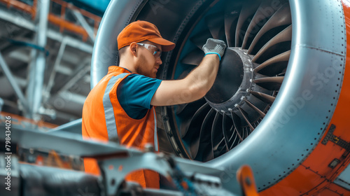 Man in orange vest servicing airplane jet engine  photography style  in an industrial hangar  concept of maintenance and safety. Generative AI