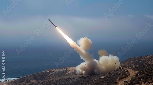 A cruise missile in the air. Missile armament. Showing the power of weapons. Generative AI