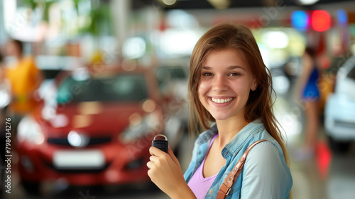 A smiling woman holding a car key, with new cars in dealership background, signifying a purchase or rental concept. Generative AI