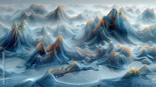 
Miniature landscape, Chinese landscape, in aglass, 3d stereo effect of the mountain, blue and greercolor scheme, gold lines, photo