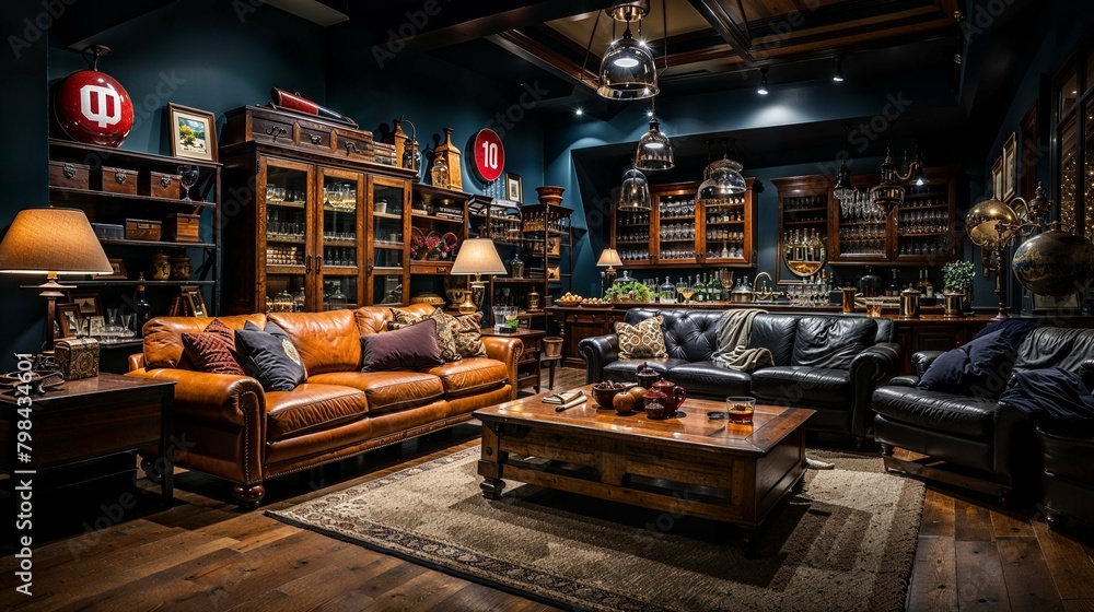 Stately Collegiate Den with Leather Seating and University Memorabilia