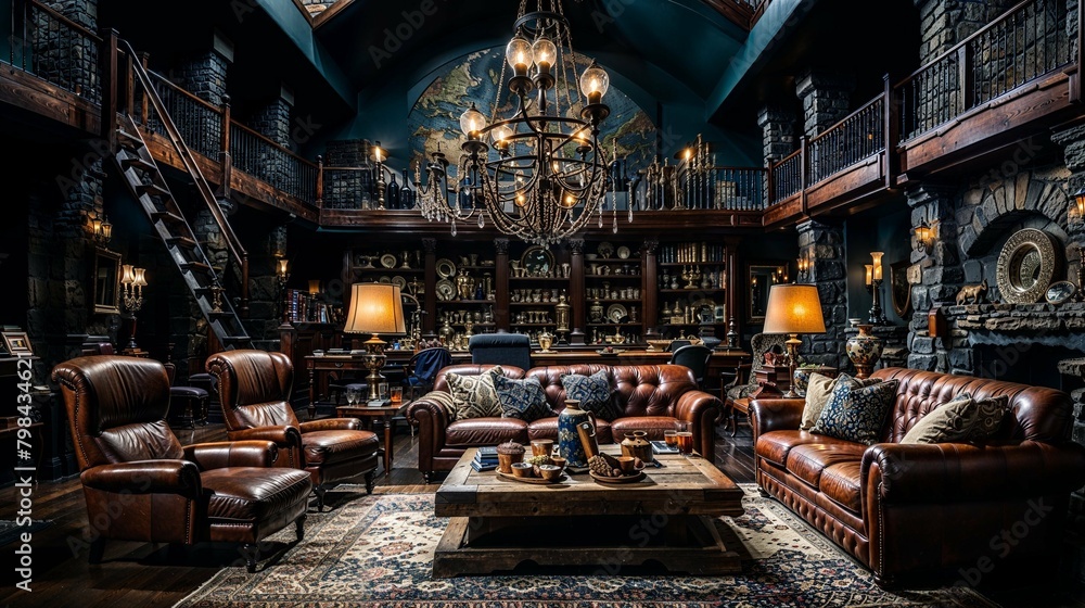 Gothic-Inspired Library Lounge with World Map Fresco and Leather Elegance