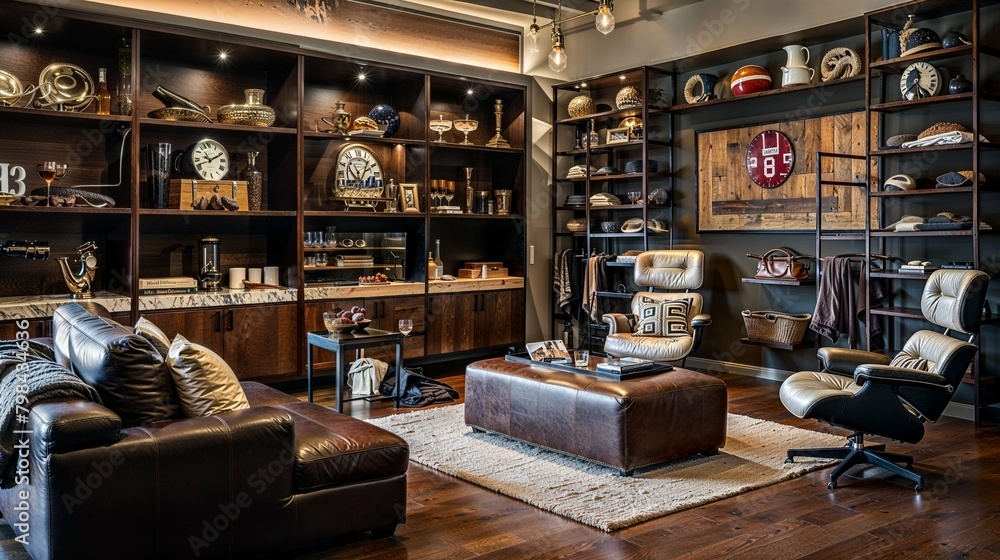 Chic Collector's Lounge with Leather Armchairs and Tailored Shelving Chic Collector's Lounge with Leather Armchairs and Tailored Shelving