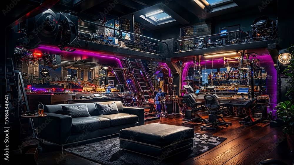 Futuristic Loft Game Room with Neon Accents and Industrial Vibes