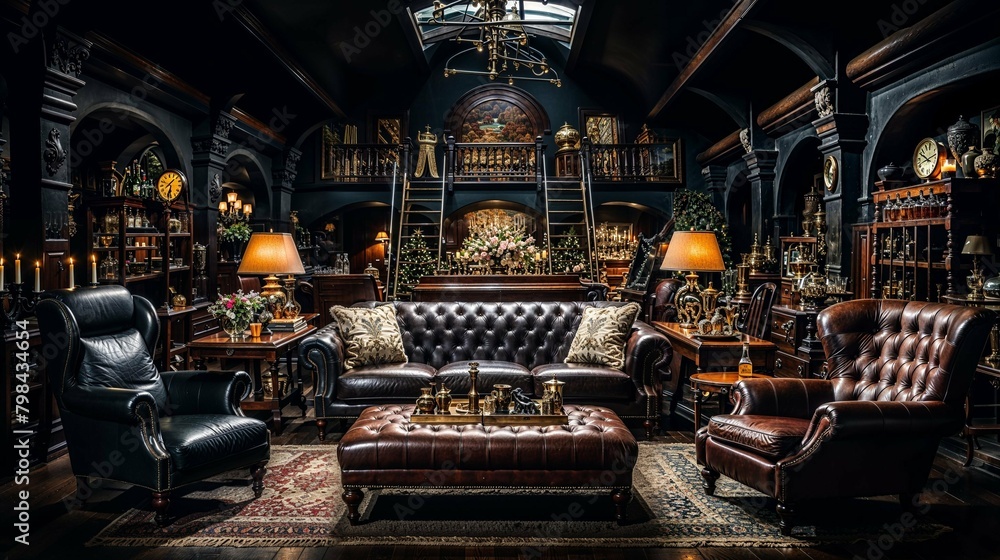Victorian-Era Inspired Lounge with Tufted Leather Sofas and Classic Bookshelves Victorian-Era Inspired Lounge with Tufted Leather Sofas and Classic Bookshelves