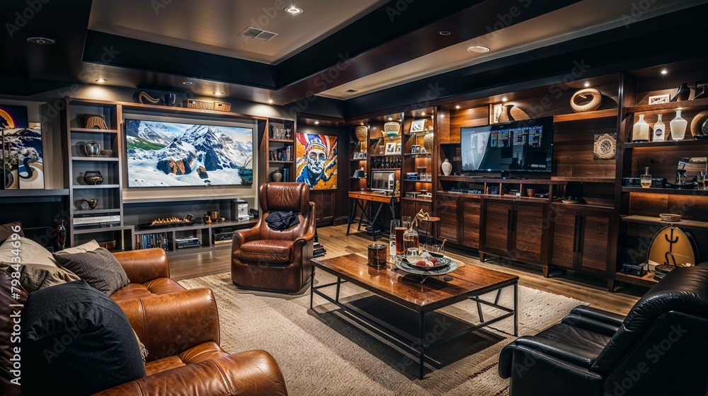 Deluxe Media Room with Premium Leather Chairs and Custom Shelving