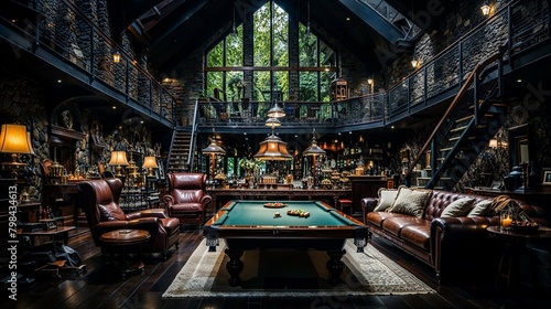 Medieval Manor Billiards Room with Stained Glass Windows and Antiquarian Charm photo