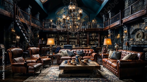 Gothic-Inspired Library Lounge with World Map Fresco and Leather Elegance