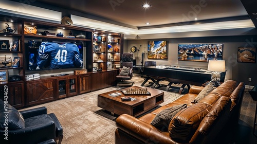 Inviting Game Day Den with Leather Recliners and Sports Memorabilia photo
