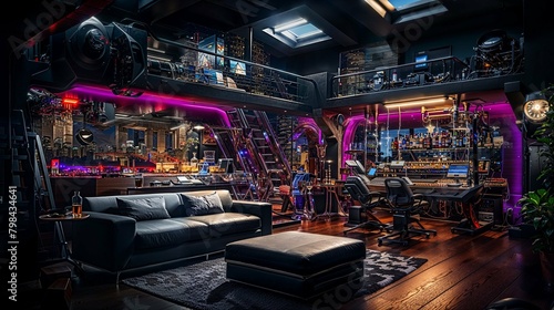Futuristic Loft Game Room with Neon Accents and Industrial Vibes