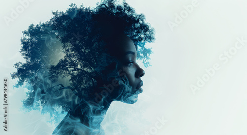 Profile of a woman with a double exposure effect merging with trees, artistic, against a blue background, portraying a concept of nature. Generative AI