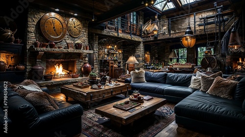 Enchanting Rustic Lodge Living Room with Cozy Fireplace and Vintage Accents