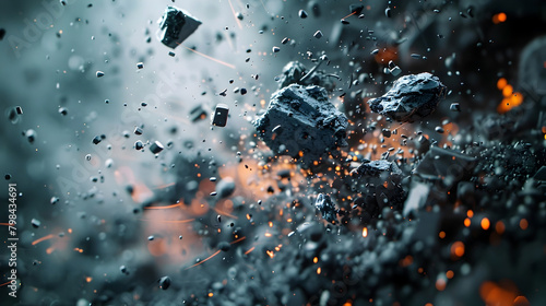 Dramatic Explosion Debris and Shattered Rubble in Cinematic Atmosphere