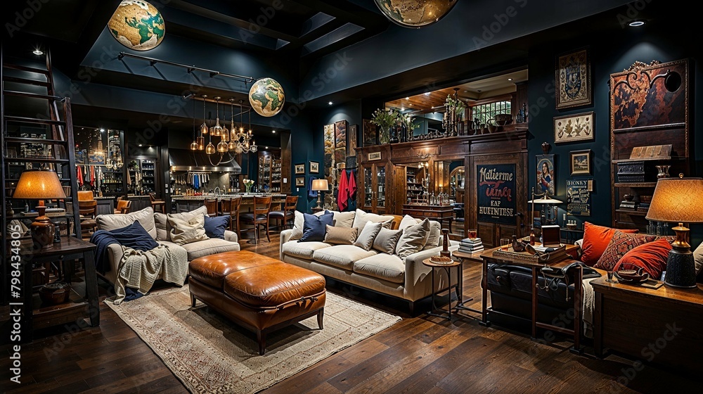 Vintage-Inspired Lounge with Globes and Leather Ottomans for the Worldly Traveler