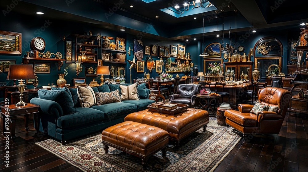 Elegant Teal Lounge with Leather Ottomans and Curated Wall Art