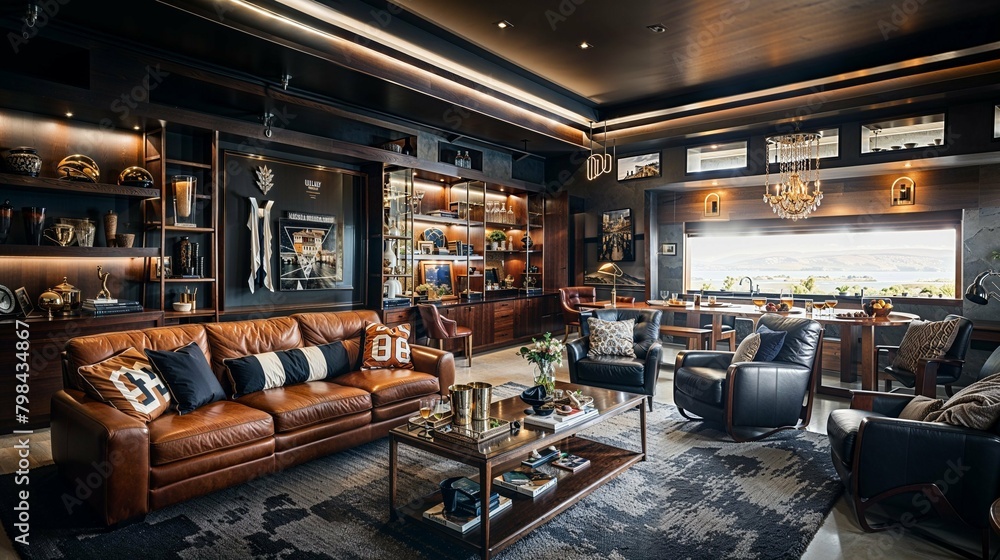 Luxurious Home Lounge with Chic Leather Seating and Sports Memorabilia