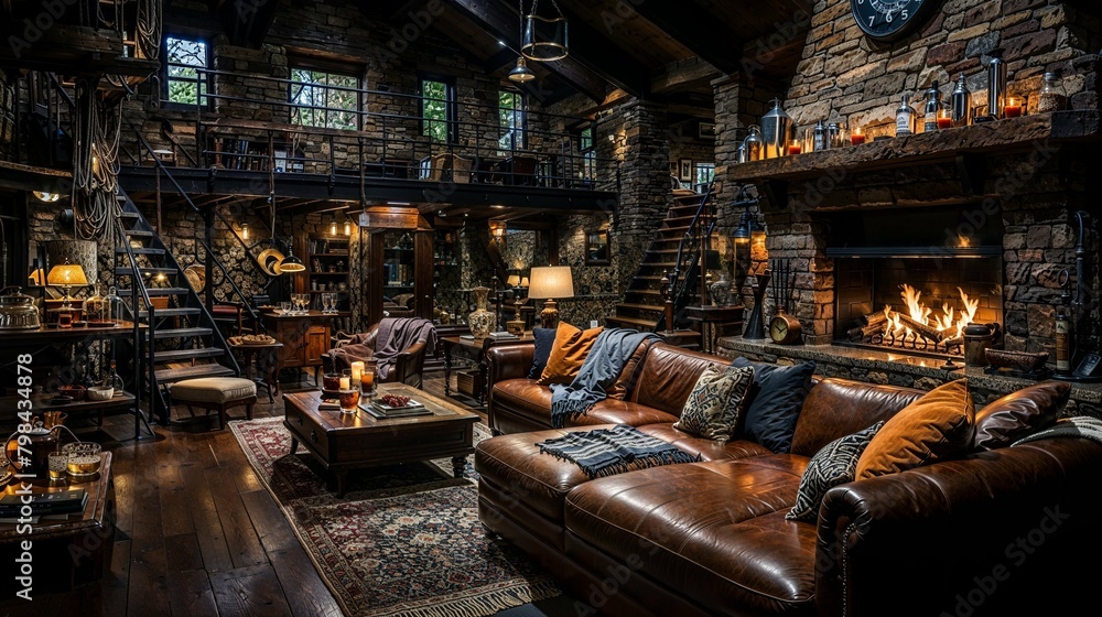 Rustic Luxury Lodge with Stone Fireplace and Cozy Leather Seating