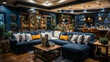 Navy Blue and Wood Accents in Stylish Modern Game Room