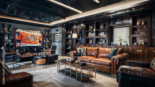 Refined Sports-Themed Den with Vintage Leather Seating and Memorabilia