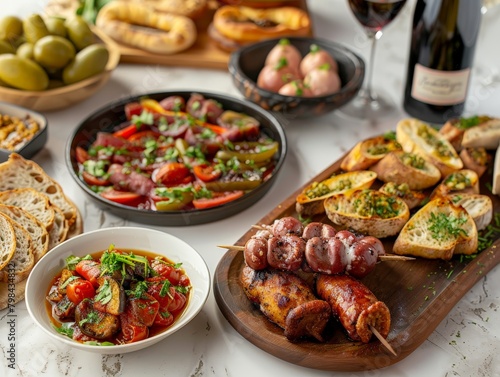 Traditional Spanish tapas displayed in a minimalist setting, highlighting the vibrant colors and textures of Spanish cuisine.
