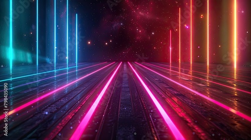 A neon lighted tunnel with a starry sky background