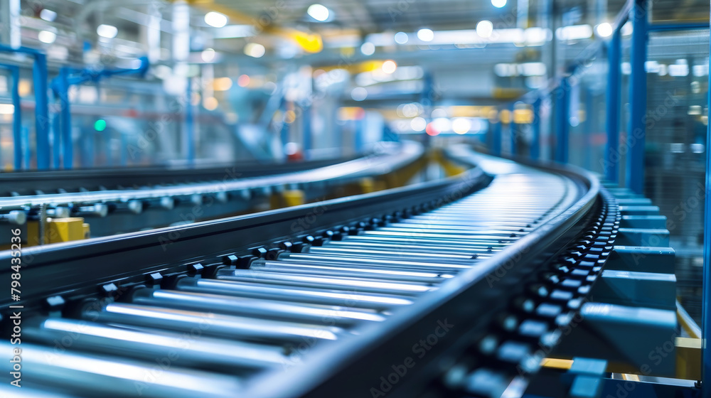 An empty conveyor belt curves through a modern manufacturing factory, illuminated by bright lights, highlighting automation in the industry. Generative AI An empty conveyor belt curves through a modern manufacturing factory, illuminated by bright lights, highlighting automation in the industry. Generative AI