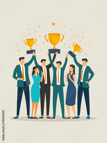 Team of Corporate Awards Ceremony Recognizing Employee Achievements, Vector Illustration