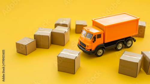 Toy delivery truck and cardboard boxes on a yellow background, representing a moving or delivery service concept. Generative AI