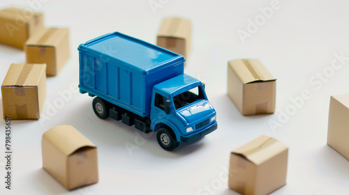 A toy delivery truck surrounded by cardboard boxes, set against a white background, illustrating a concept of logistics. Generative AI