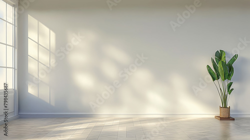 Empty room with a potted plant, sunlit wall, and tiled floor, concept of minimalist interior design. Generative AI
