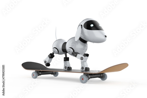 Dog robot play skateboard on white background
