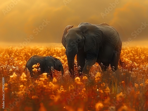Serenity in Nature: Majestic Elephants in a Vibrant Landscape
