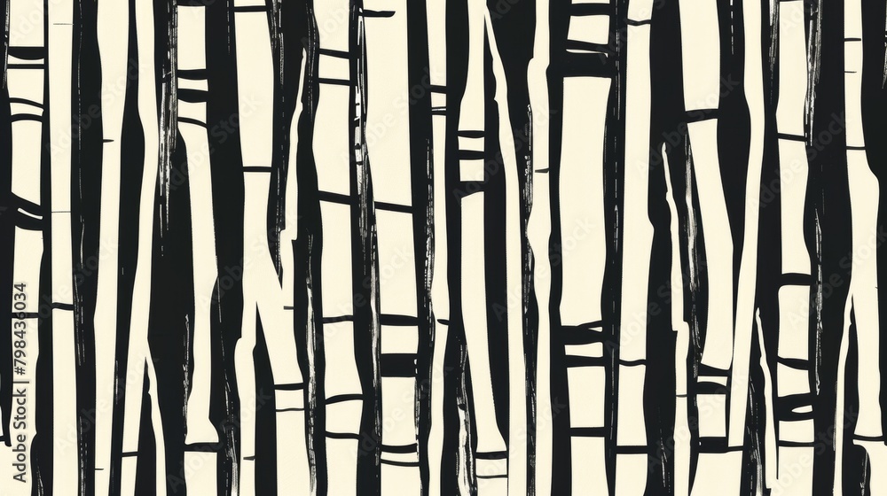 A minimalist poster with bold black and white lines intersecting in a repeating pattern reminiscent of bamboo groves.. A minimalist poster with bold black and white lines intersecting in a repeating pattern reminiscent of bamboo groves..