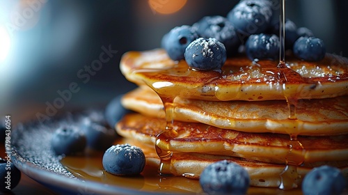 Close-up of pancakes gently drizzled with honey and garnished with blueberries. Aesthetic food backdrop. Generative AI photo