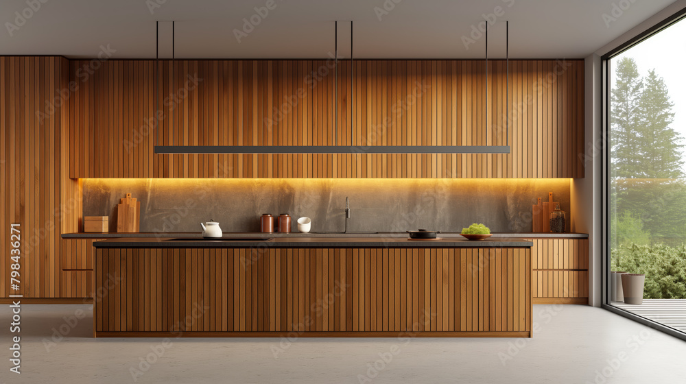 Modern kitchen interior with wooden cabinets and countertop, backlit display, and copy space on walls, Generative AI.