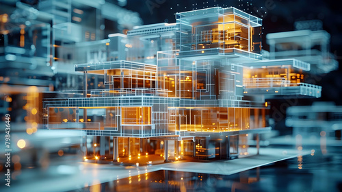 Futuristic Augmented Reality Visualization of Digital Architectural Blueprints with Cinematic Photographic Style and Hyper-Detailed 3D Rendering