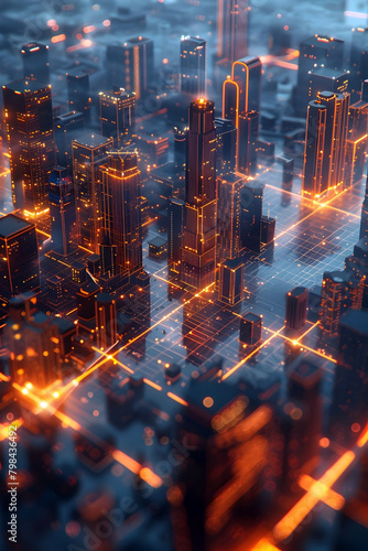 Futuristic City Skyline with Smart Interactive Grid Overlays in Cinematic Photographic Style