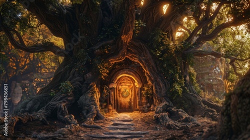 Underneath the gnarled roots of an ancient tree a tiny door adorned with intricate carvings appears. As it swings open a winding underground . .