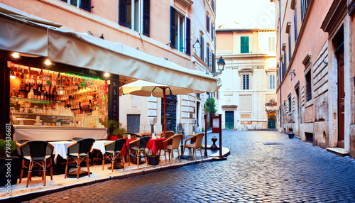 Warm evening light bathes a quiet, inviting street cafe in Rome, highlighting the charm of Italian dining culture.